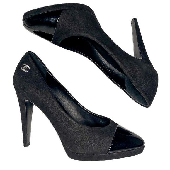 Chanel Interlocking CC Logo Black Fabric Pumps EU 38 US 7-7.5 Cap Toe High Heels - Picture 4 of 12